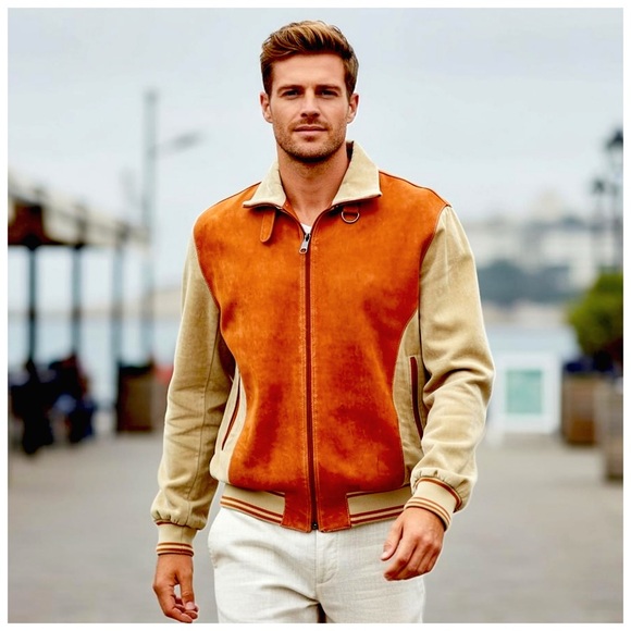 Bijan Men’s Vintage Leather Bomber Jacket. Orange/Brown, Tan. Size 56 - Picture 8 of 16